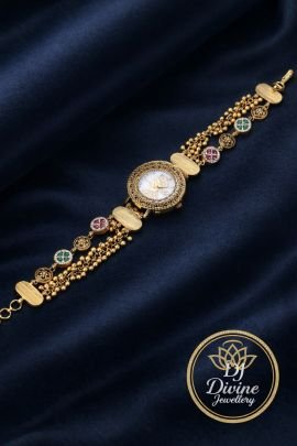 Traditional Kundan Bracelet Watch with Multicolor Stone Detailing – 92.5 Silver Gold Plated