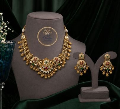 Traditional Kundan Necklace Set for Women – 92.5 Silver Base Gold Plated Choker Necklace with Matching Earrings