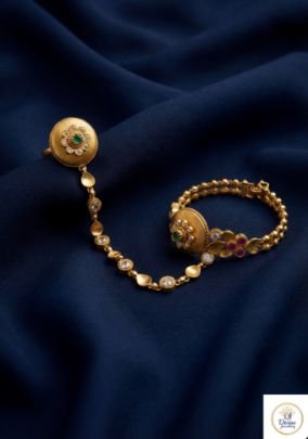 Traditional Kundan Pocha Hand Bracelet with Ring in 92.5 Silver Gold Plated | Divine Jewellery