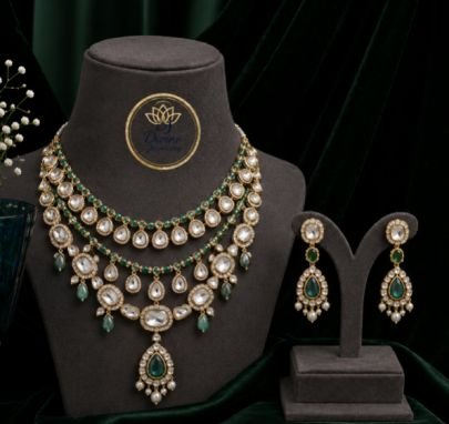 Traditional Kundan Polki Bridal Necklace Set with Green Pear Drop Stones, Layered Wedding Jewelry Set with Matching Earrings for Women