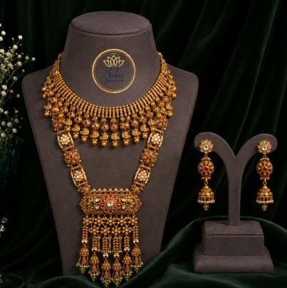 Traditional Layered Antique Choker Necklace Set with Long Pendant & Jhumka Earrings for Women | Divine Jewellery