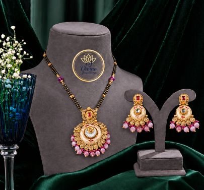Traditional Mangalsutra Pendant Necklace Set with Earrings in 92.5 Silver Gold Plated | Pink Bead Bridal Jewellery – Divine Jewellery
