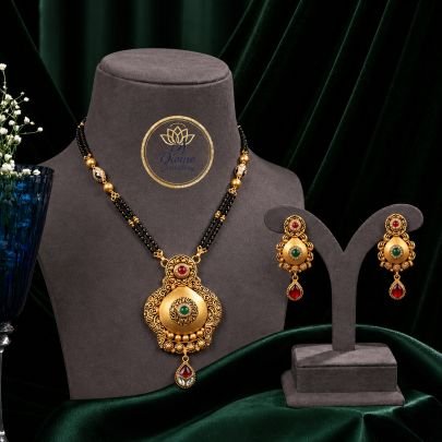 Traditional Mangalsutra Pendant Necklace Set with Earrings in 92.5 Silver Gold Plated | Antique Round Temple Design – Divine Jewellery