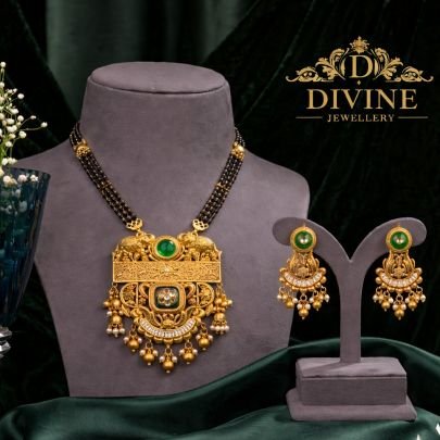 Traditional Mangalsutra Style Temple Pendant Necklace Set | 92.5 Silver Gold Plated Jewellery by Divine Jewellery