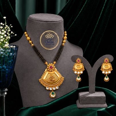 Traditional Mangalsutra Style Pendant Necklace Set with Earrings in 92.5 Silver Gold Plated | Black Beads Temple Jewellery Set – Divine Jewellery