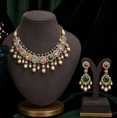 Traditional Multicolor Kundan Stone Necklace Set for Women | Ethnic Bridal Jewelry with Pearl Drop Earrings | Wedding, Party & Festive Wear