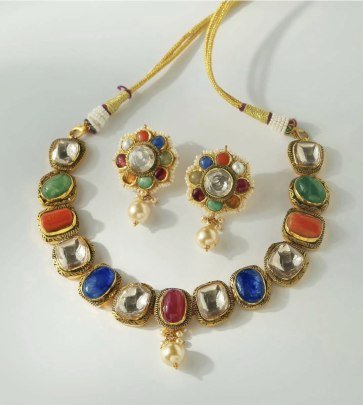 Traditional Navratna Style Necklace Set with Multicolor Stones – 92.5 Silver Gold Plated Ethnic Jewellery | Divine Jewellery