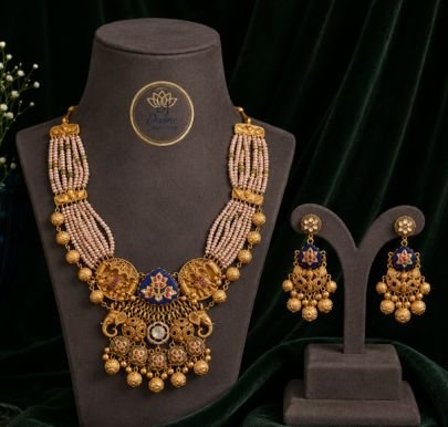 Traditional Pearl Layered Antique Necklace Set with Meenakari Pendant & Earrings for Women | Divine Jewellery