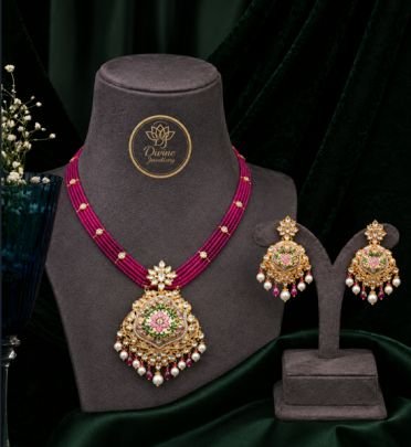 Traditional Pink Beaded Pendant Necklace Set with Designer Earrings | Gold Plated 92.5 Silver Jewellery