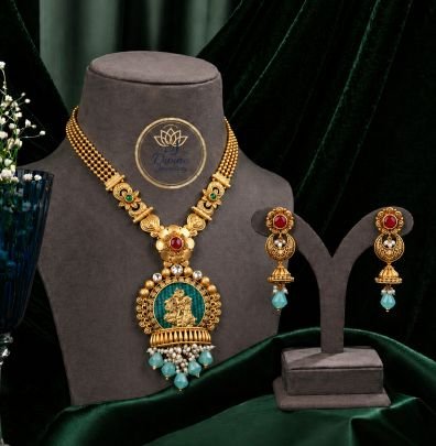 Traditional Radha Krishna Temple Necklace Set with Earrings in 92.5 Silver Gold Plated | Antique Bridal Jewellery – Divine Jewellery