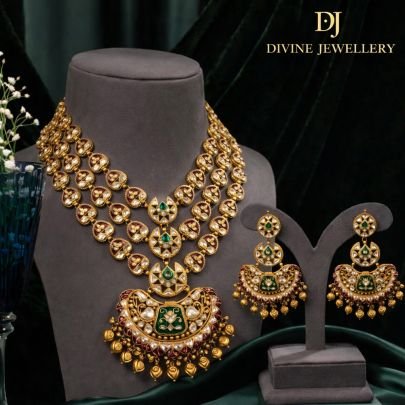 Traditional Rajwadi Multi-Layer Kundan Necklace Set with Antique Motif Pendant | 92.5 Silver Gold Plated Bridal Jewellery by Divine Jewellery