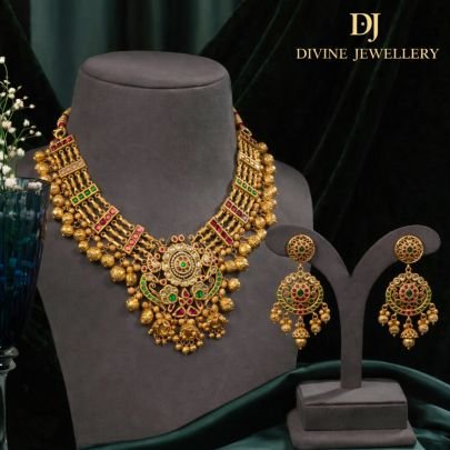 Traditional Rajwadi Temple Necklace Set with Antique Finish & Multi-Color Stone Detailing | 92.5 Silver Gold Plated Bridal Jewellery by Divine Jewelle