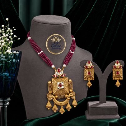 Traditional Red Beaded Temple Pendant Necklace Set with Earrings in 92.5 Silver Gold Plated | Antique Square Pendant Jewellery – Divine Jewellery