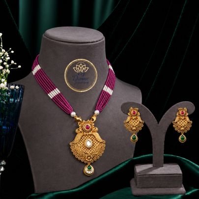 Traditional Red Beaded Temple Pendant Necklace Set with Earrings in 92.5 Silver Gold Plated | Antique Ethnic Jewellery – Divine Jewellery