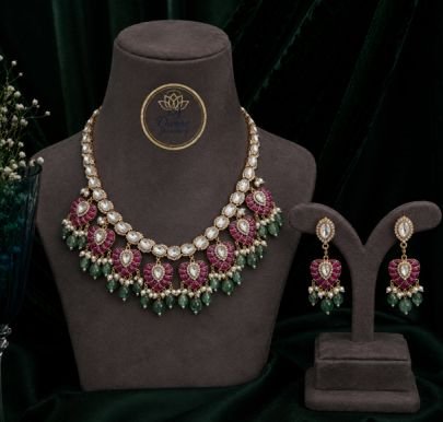 Traditional Ruby Green Bridal Necklace Set with Pearl Drops | Gold Plated 92.5 Silver Jewellery
