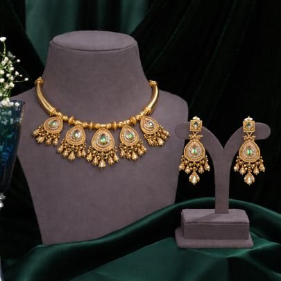 Traditional Temple Choker Necklace Set with Teardrop Motifs – 92.5 Silver Gold Plated Designer Jewellery | Divine Jewellery