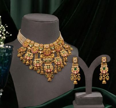 Traditional Temple Choker Necklace Set with Pearl Layers & Hanging Motifs – 92.5 Silver Gold Plated Bridal Jewellery | Divine Jewellery