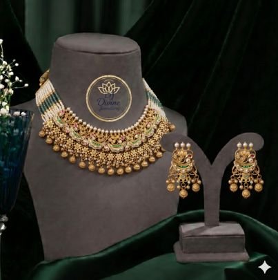 Traditional Temple Choker Necklace Set with Pearl & Green Beads – 92.5 Silver Gold Plated Bridal Jewellery