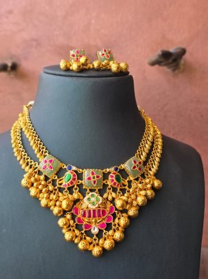 Traditional Temple Design Multi-Layer Necklace Set in 92.5 Silver with Gold Plating & Meenakari Work