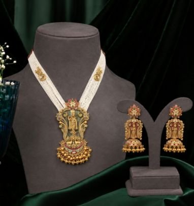 Traditional Temple Design Pearl Mala Necklace Set with Matching Jhumka Earrings, Antique Gold Plated Ethnic Jewelry for Women, Bridal Wedding Party We
