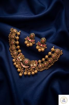 Traditional Temple Jewellery Necklace Set with Antique Gold Finish & Bead Drops | 92.5 Silver Gold Plated | Divine Jewellery
