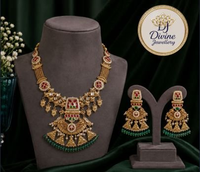 Traditional Temple Jewellery Necklace Set with Green Beads & Ruby Stone Earrings for Women | Divine Jewellery