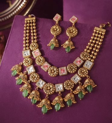 Traditional Temple Jhumka Necklace Set with Green Drops – 92.5 Silver Gold Plated Ethnic Jewellery | Divine Jewellery