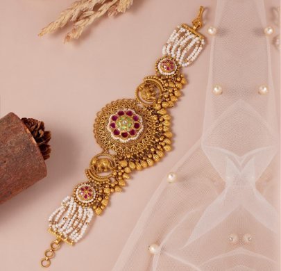 Traditional Temple Lakshmi Kada Bracelet with Pearl Detailing – 92.5 Silver Gold Plated Adjustable Hand Jewellery | Divine Jewellery