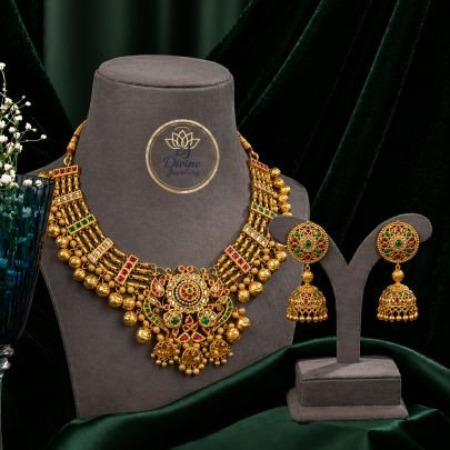 Traditional Temple Necklace Set with Multi-Color Kundan & Antique Design – 92.5 Silver Gold Plated Jewellery