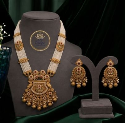 Traditional Temple Pearl Mala Necklace Set with Statement Pendant and Matching Earrings, Antique Gold Plated Bridal Jewelry Set for Women, Ethnic Wedd