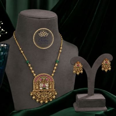 Traditional Temple Pendant Necklace Set with Matching Earrings, Antique Gold Plated Ethnic Jewelry Set for Women, Bridal Wedding Party Wear Long Neckl