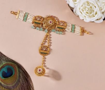 Traditional Temple Pocha Hand Bracelet with Pearl Strands & Pendant Drop – 92.5 Silver Gold Plated Bridal Hand Jewellery | Divine Jewellery