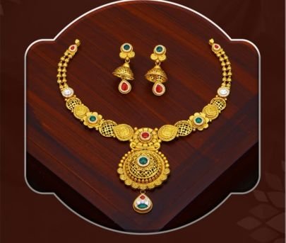 Traditional Temple Round Filigree 92.5 Silver Gold-Plated Necklace Set with Jhumka Earrings