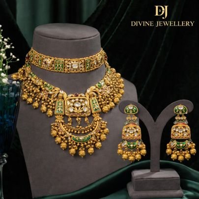 Traditional Temple Style Choker Necklace Set with Antique Gold Finish & Hanging Beads | 92.5 Silver Gold Plated Bridal Jewellery by Divine Jewellery