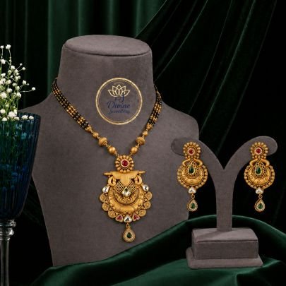 Traditional Temple Style Mangalsutra Necklace Set with Earrings in 92.5 Silver Gold Plated | Antique Bridal Jewellery – Divine Jewellery