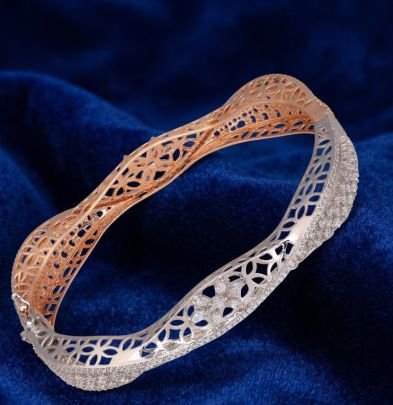 Two-Tone Filigree Designer Bangle – 92.5 Silver Gold Plated Openwork Bracelet