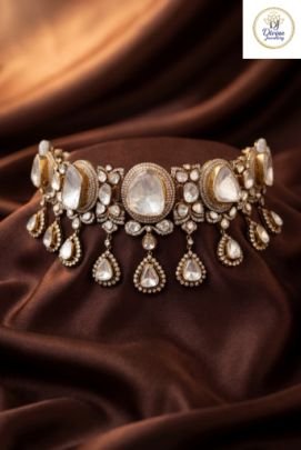 Vintage Diamond Finish Polki Choker Necklace in 92.5 Silver Gold Plated – Divine Jewellery