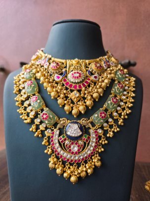 Virasat Rani Layered Temple Necklace Set with Ruby-Green Stone & Antique Gold Beads