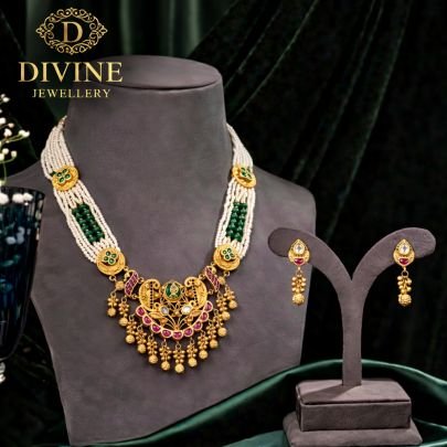 White Pearl & Green Beaded Necklace Set with Antique Pendant | 92.5 Silver Gold Plated Jewellery by Divine Jewellery