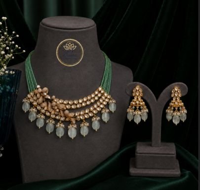 ZECARAT Green Beaded Kundan Necklace Set for Women & Girls, Gold Plated Statement Bridal Jewellery Set with Matching Earrings for Wedding, Party, Fest