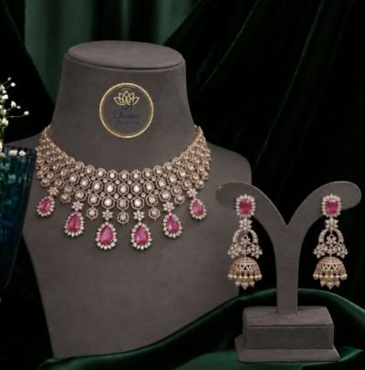 ZECARAT Kundan Choker Necklace Set for Women & Girls, Pink Stone Gold Plated Bridal Jewellery Set with Matching Jhumka Earrings for Wedding, Party, Fe